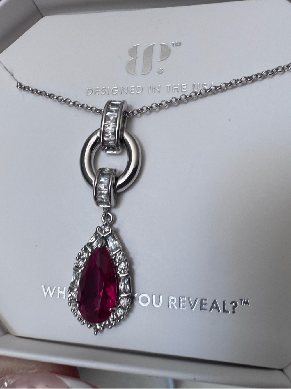 BP Silver Necklace with Lab Created Ruby Teardrop Pendant